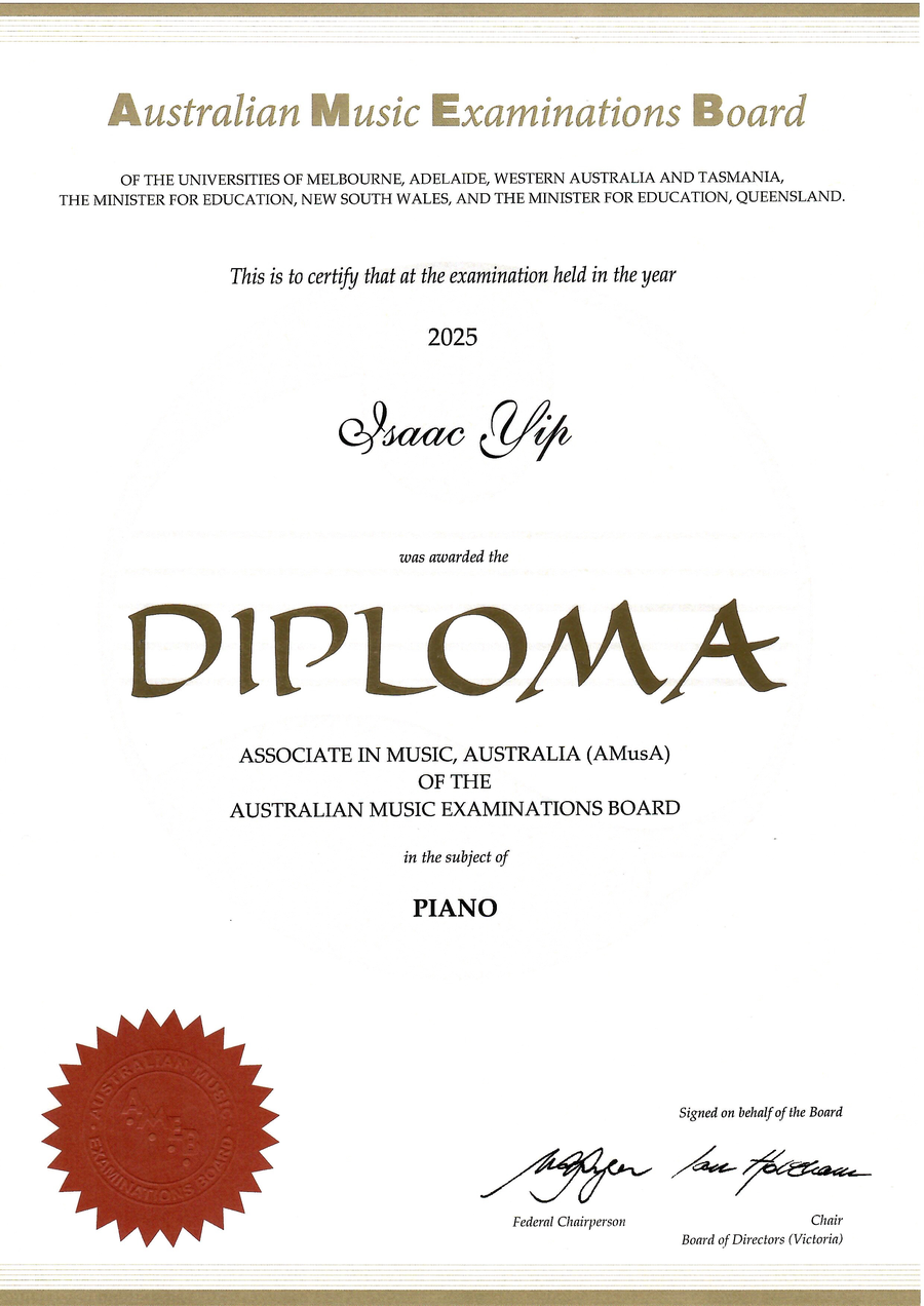 Official AMEB diploma awarding Isaac Yip Associate in Music, Australia (AMusA) — Piano in 2025