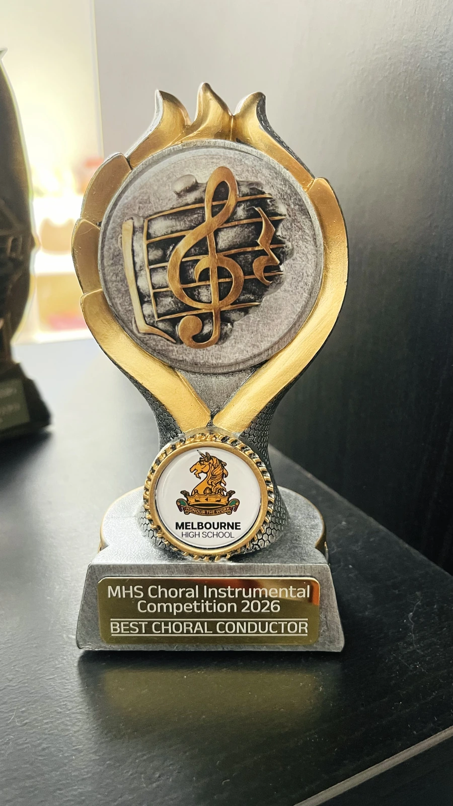 Melbourne High School trophy inscribed MHS Choral Instrumental Competition 2026, Best Choral Conductor